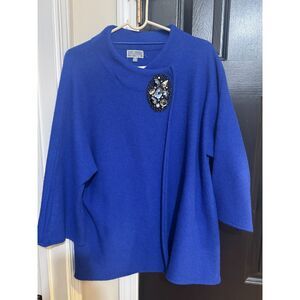 JM Collection Blue 100% Wool Wrap Cardigan Jacket with Jeweled Attached Brooch